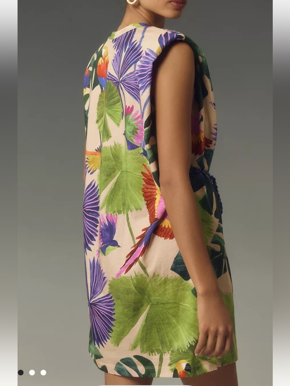 FARM Rio Tropical Macaw Print Mini T Shirt Dress Green, Purple, Cream Sz Medium - Picture 2 of 15